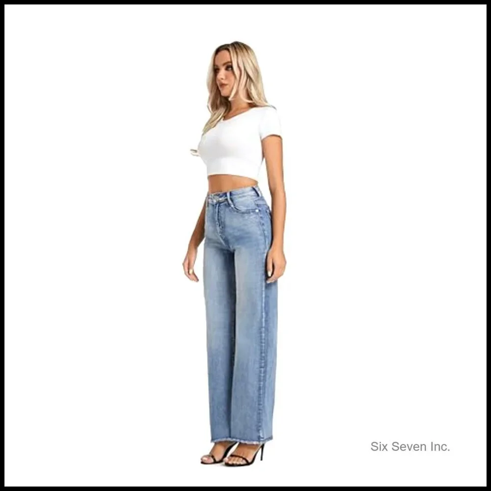 High Waisted Wide Leg Jeans Stretchy Straight Raw Hem Casual Denim